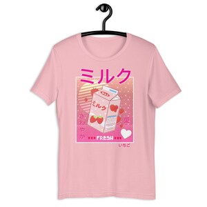 Kawaii rosa retrô vaporwave japonês morango milk shake caixa anime jogo menina gamer camiseta, presente kawaii brilhante, camiseta kawaii fofa