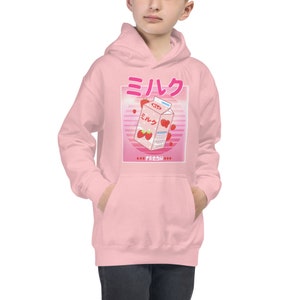 Retro 90's Vaporwave Minecraft Gaming Gift, Japanse Kawaii Strawberry Milk, Cool Vintage Japanse Anime Kid's Fleece Hoodie