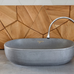 Large, Handcrafted Concrete Vessel Sink | Oval shape, grey color bathroom vanity top washbasin | Bathroom cabinet top quality sink