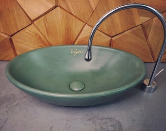 Concrete Vessel Sink | Bathroom Vanity Top Washbasin | Handmade cabinet top sink | Kale Green color, oval shape counter top sink |