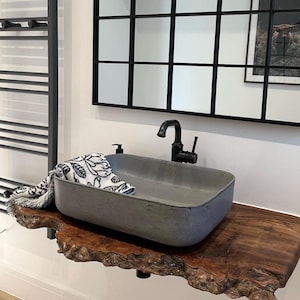 V_22' Vanity top washbasin | Countertop concrete vessel sink | Handmade, rectangular shape, gray color, cabinet top-mounted sink.