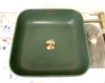 V_1* Kale green concrete, square Sink | Bathroom cabinet's washbasin | WC counter top sink | Bathroom vanity top washbasin all handmade.