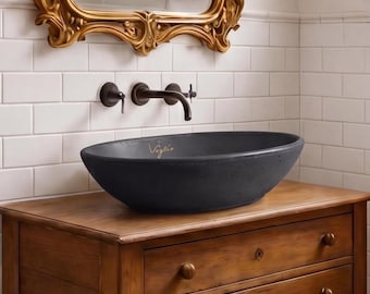Black Concrete Vessel Sink Oval | Voglio V_6 Handmade Washbasin 53x33cm | PVA Concrete Sink | Elliptical Vanity Sink | Made to Order V_64*