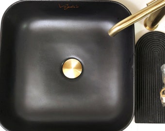 V_14* Black color, concrete vessel sink | Bathroom vanity top washbasin | Counter top, square shape sink | Handmade artisanal product.