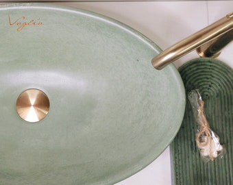 Concrete Vessel Sink |  Bathroom Vanity Top Washbasin | Handmade cabinet top sink | Pea Green color, oval shape counter top sink V_6