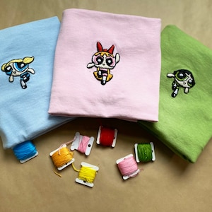 PowerPuff Girls Shirt, Buttercup/Blossom/Bubbles Cartoon, Hand Embroidered Tshirt