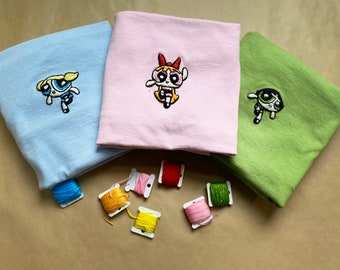 PowerPuff Girls Shirt, Buttercup/Blossom/Bubbles Cartoon, Hand Embroidered Tshirt