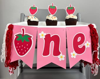 Erdbeer-Hochstuhlbanner, erste Geburtstagsfeier, Beeren-erste Geburtstagsthema, Erdbeer-Partydekoration