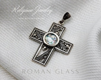 Roman Glass Cross Pendant, Silver 925
