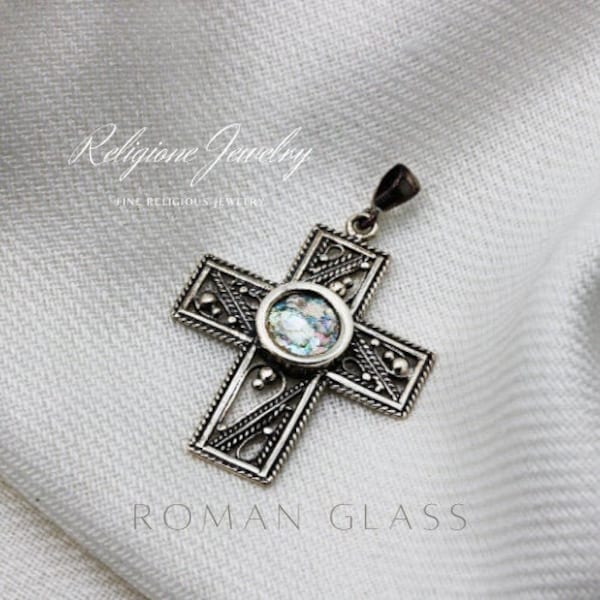 Roman Glass Cross Pendant, Silver 925