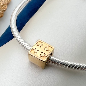 Jerusalem Cross Cube Charm | Fits Pandora Bracelet | Christian Gift for Him & Her | 14k Gold Accent | 925 Silver