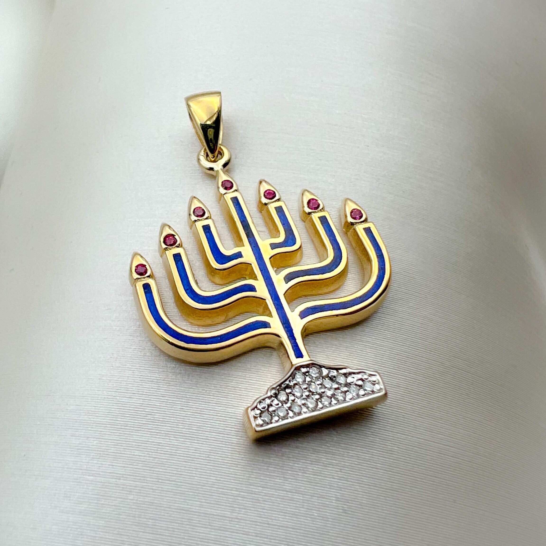 Menorah Red Radiant Menorah Pendant | 15 Diamonds 0.15ct & 7 Red Rubies 0.07ct ...