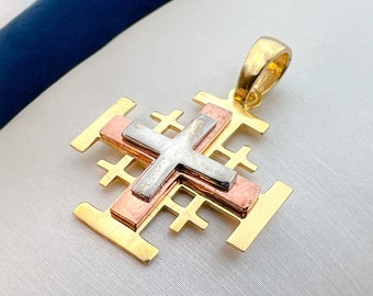 Classic Jerusalem Cross Pendant | Timeless Harmony Design | 3-Color Gold - Yellow, White & Rose | 0.65x0.65 Inch | Silver 925