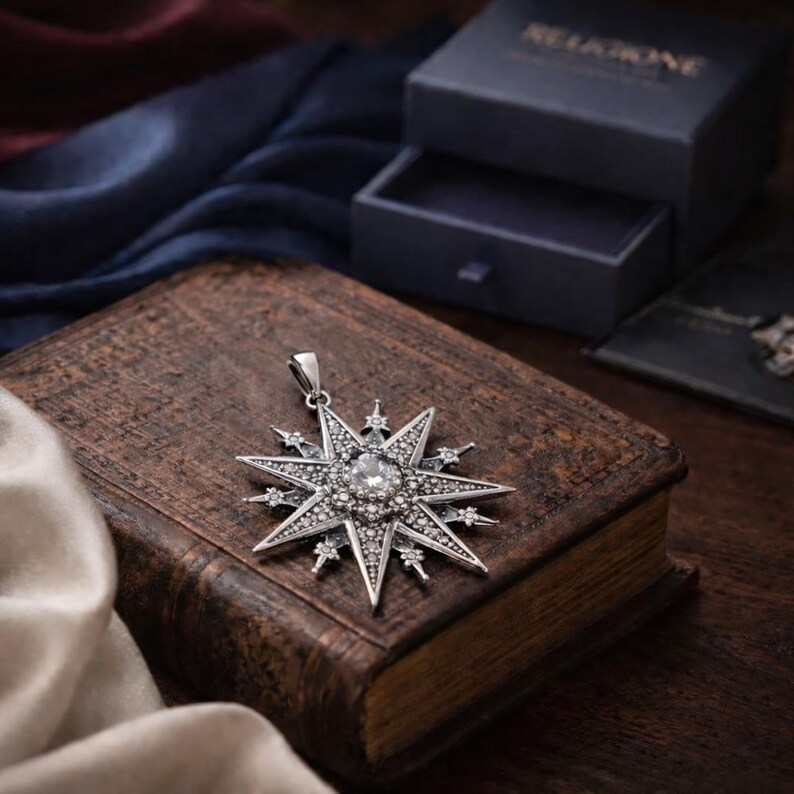 Handmade Big Star of Bethlehem | Star of the North Pendant | Sparkling White Zircons | Premium 925 Silver | No chain | 1.40x1.40 Inch image 10