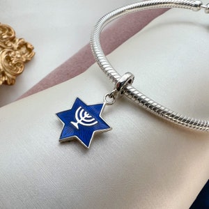 Dual Delight: Sterling Silver 925 Pendant featuring a David Star & Menorah, with Jerusalem Engraving. Blue Enamel. Perfect for Pandora Charm