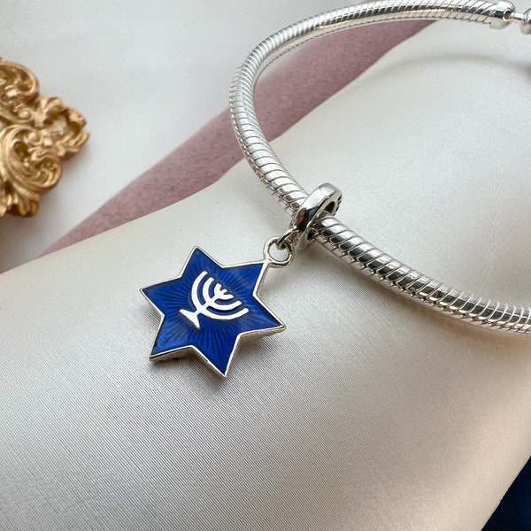 Dual Delight: Sterling Silver 925 Pendant featuring a David Star & Menorah, with Jerusalem Engraving. Blue Enamel. Perfect for Pandora Charm