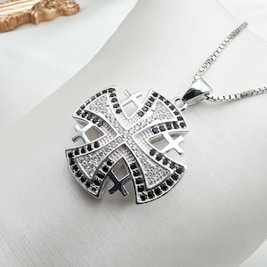Jerusalem Kreuz mit weißen und schwarzen Zirkonen (Silber 925) + Kette