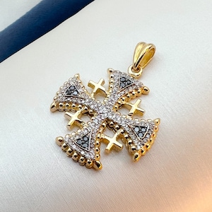 Exquisite Handcrafted Jerusalem Cross Pendant in 14k Gold with 108 Black & White Diamonds, 0.80x0.80 Inch. Timeless Elegance.