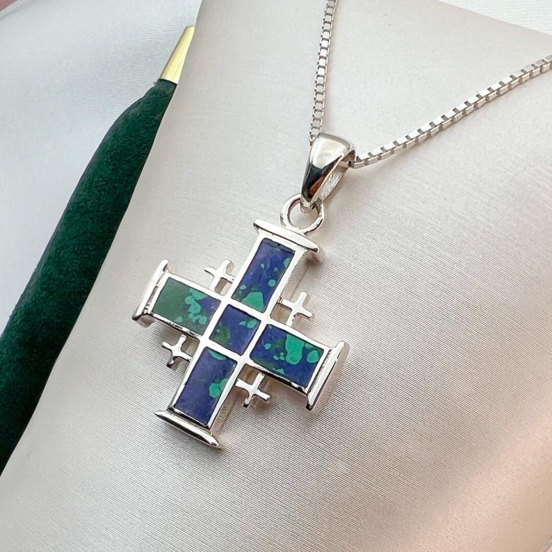 King Solomon Jerusalem Cross Pendant in Eilat Stone & Sterling Silver