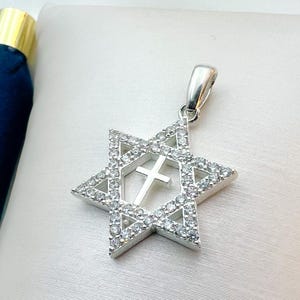 Elegant Messianic Star of David Pendant | Cross Centerpiece | Sparkling White Zircons | Includes Silver 925 Chain | Premium Sterling Silver