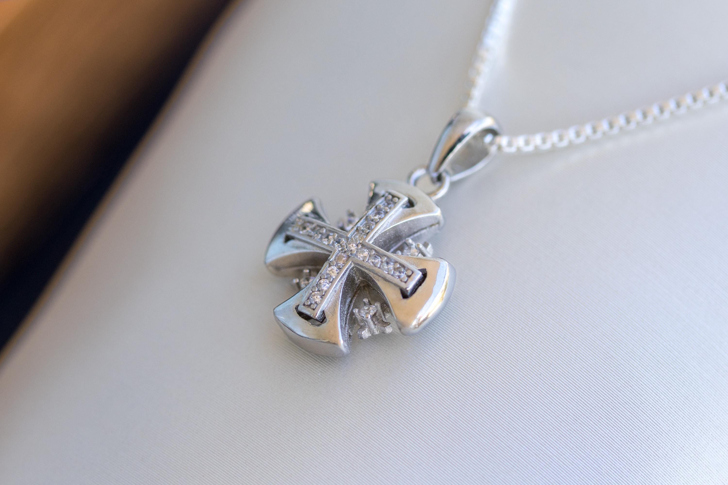 Jerusalem Cross Pendant | White Zircon Accents | Elegant Silver