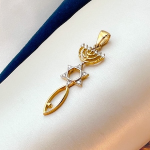 Elegant Messianic Grafted In Pendant | Handmade Masterpiece | Star of David, Menorah, Ichthys | 14k Gold, 13 Diamonds | Total 0.13ct Sparkle