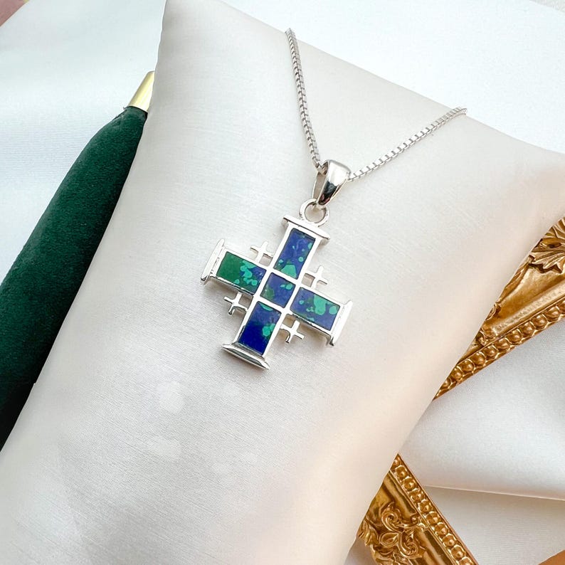 King Solomon Jerusalem Cross Pendant in Eilat Stone & Sterling Silver