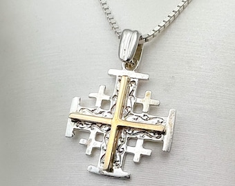 925 Silver & 14k Gold Jerusalem Cross Classic Pendant (0.70x0.70 Inch) - Petite Size with Inclusive 925 Silver Box Chain