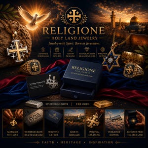 Puede incluir: Una colecci&oacute;n de joyer&iacute;a en oro y plata con colgantes y anillos de la cruz de Jerusal&eacute;n y la estrella de David, presentada con una caja de regalo, tarjeta de garant&iacute;a y textos como RELIGIONE HOLY LAND JEWELRY y 925 STERLING SILVER.