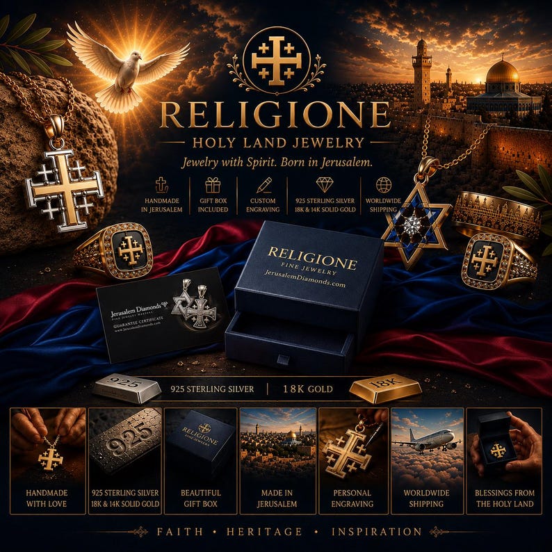 Puede incluir: Una colecci&oacute;n de joyer&iacute;a en oro y plata con colgantes y anillos de la cruz de Jerusal&eacute;n y la estrella de David, presentada con una caja de regalo, tarjeta de garant&iacute;a y textos como RELIGIONE HOLY LAND JEWELRY y 925 STERLING SILVER.