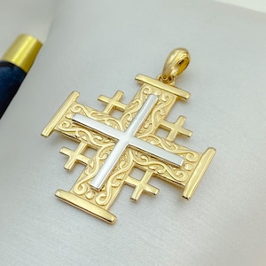 Jerusalem Cross Pendant | Church Faith Jewelry with Engraving | Christian Gift from Holy Land | 14k Solid Gold | Large Size 1.00 Inch.