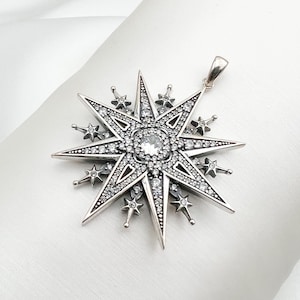 Handmade Big Star of Bethlehem | Star of the North Pendant | Sparkling White Zircons | Premium 925 Silver | Including Chain | 1.40x1.40 Inch