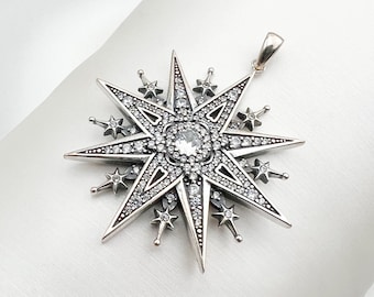 Handmade Big Star of Bethlehem | Star of the North Pendant | Sparkling White Zircons | Premium 925 Silver | No chain | 1.40x1.40 Inch