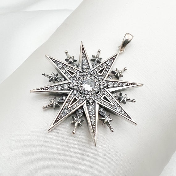 Handmade Big Star of Bethlehem | Star of the North Pendant | Sparkling White Zircons | Premium 925 Silver | Including Chain | 1.40x1.40 Inch