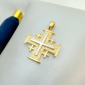 Jerusalem Cross Pendant | Church Faith Jewelry with Engraving | Christian Gift from Holy Land | 14k Solid Gold | 0.80 Inch.