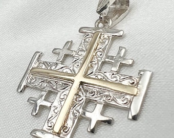 Handcrafted Jerusalem Cross Pendant | Elegant Statement with Jerusalem Engraving | Medium Size 0.80 inch | Sterling Silver 925 & 14K Gold