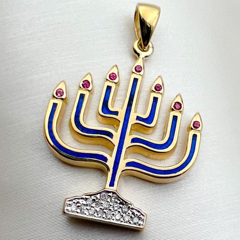 Menorah Red Radiant Menorah Pendant | 15 Diamonds 0.15ct & 7 Red Rubies 0.07ct ...