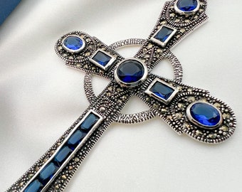 Handmade Orthodox Catholic Cross | 5x3 Inch Extra Large Blue Sapphire & Marcasite Stones | Thick Silver 925 Box Chain Included