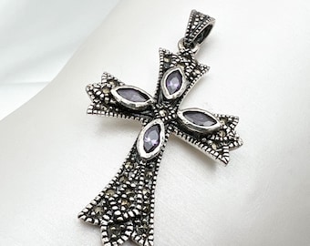 Orthodox Catholic Cross with Amethyst & Marcasite Stones (silver 925) 1.25x0.95 Inch