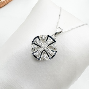 Sterling Silver Jerusalem Cross Pendant adorned with Sparkling Zirconia and Blue Enamel – A Divine Accent, 0.75x0.75 Inches
