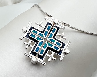 Jerusalem Cross Opening Pendant (silver 925) with Blue Opal & Zircons