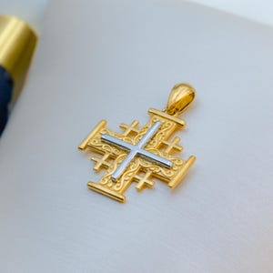 Jerusalem Cross Pendant | Church Faith Jewelry with Engraving | Christian Gift from Holy Land | 14k Solid Gold | 0.70 Inch.
