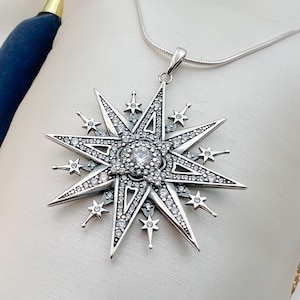 Artisan Star of Bethlehem/North-hanger - groot formaat 925 zilver versierd met witte zirkonen - zilveren touwketting | Voor tijdloze elegantie