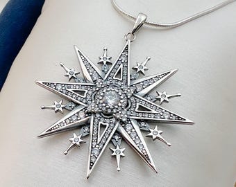 Artisan Star of Bethlehem/North Pendant - Big Size 925 Silver Adorned with White Zircons - Silver Rope Chain | For Timeless Elegance