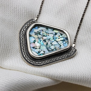 Roman Glass Pendant Necklace | Unique Artisan Design | Elegant Gift for Her | Includes Silver Chain | Handmade in Silver 925