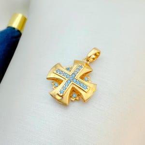 Jerusalem Cross Pendant 0.55x0.55 inch | Blue Topaz Church Gift from Holy Land | Christian Charm of Faith in 14k Solid Gold