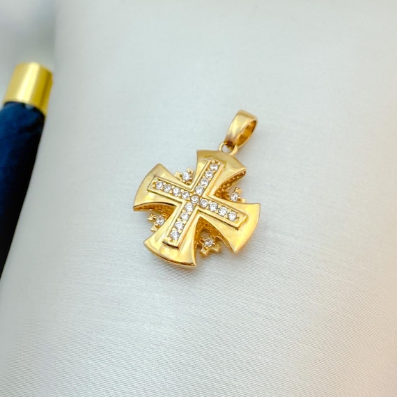 Jerusalem Cross Pendant 0.55x0.55 inch | White Zircon Church Gift from Holy Land | Christian Charm of Faith | 14k Solid Gold