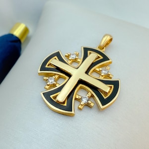 Jerusalem Cross Pendant | Church Gift Jewelry with Black Enamel & Zircon | Christian Charm from Holy Land | 14k Solid Gold.
