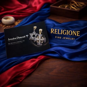 Puede incluir: Una tarjeta de certificado de garant&iacute;a rectangular negra que presenta un colgante de estrella de David y un colgante de cruz con piedras incrustadas. La tarjeta muestra el texto Jerusalem Diamonds Fine Jewelry Manufacturer y RELIGIONE FINE JEWELRY.