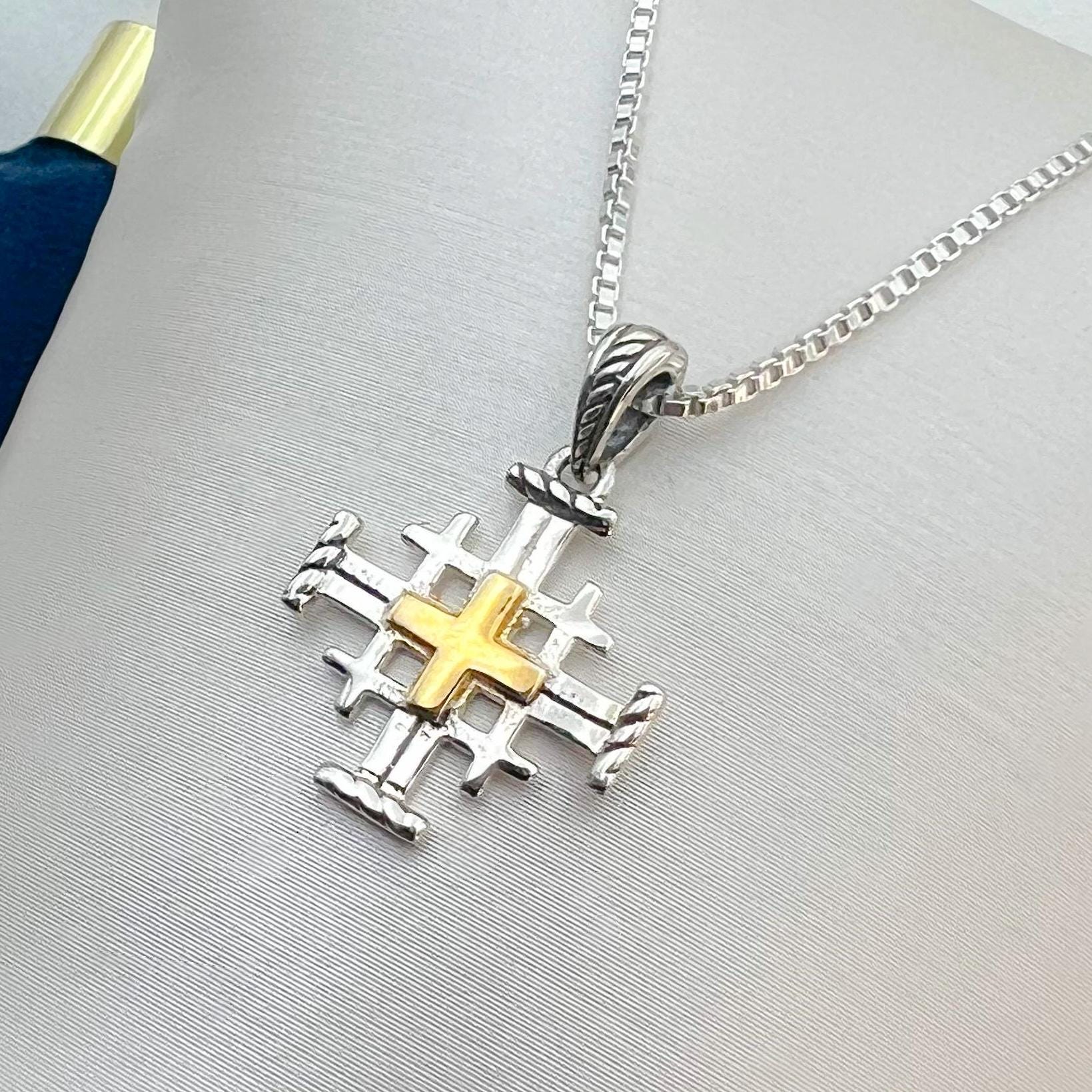 Dual-Finish Jerusalem Cross Pendant | Engraved Jerusalem Design | Includes Silver Chain | Silver 925 & 18k Gold